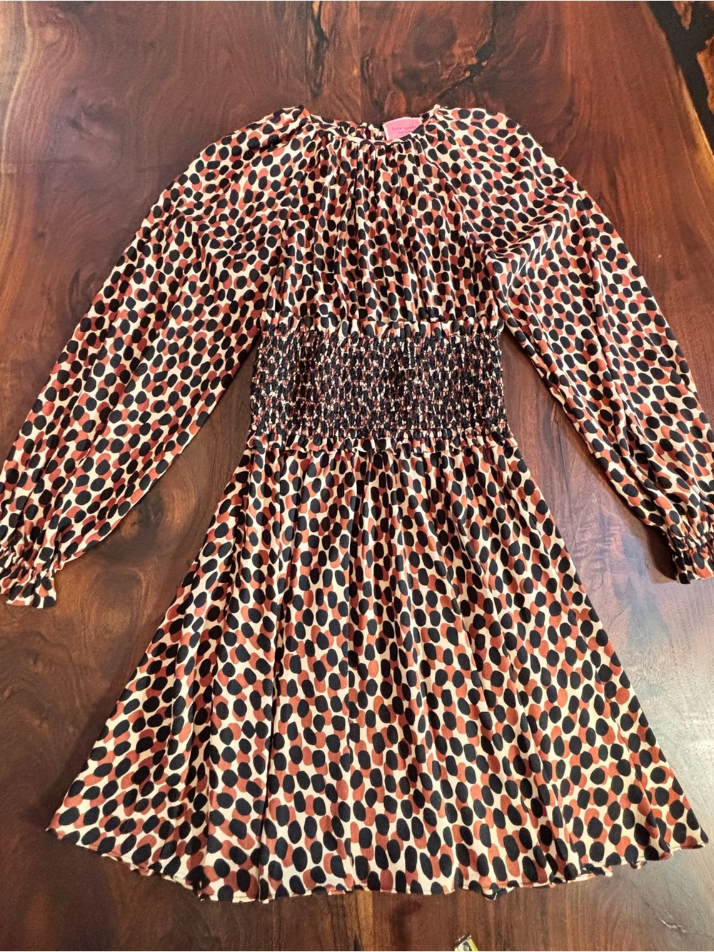 kate spade Black and Rust Polka Dot Smocked Midi Dress